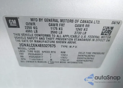 2014 Chevrolet Equinox 2Lt from USA, damaged, VIN 2GNALCEK4E6327675